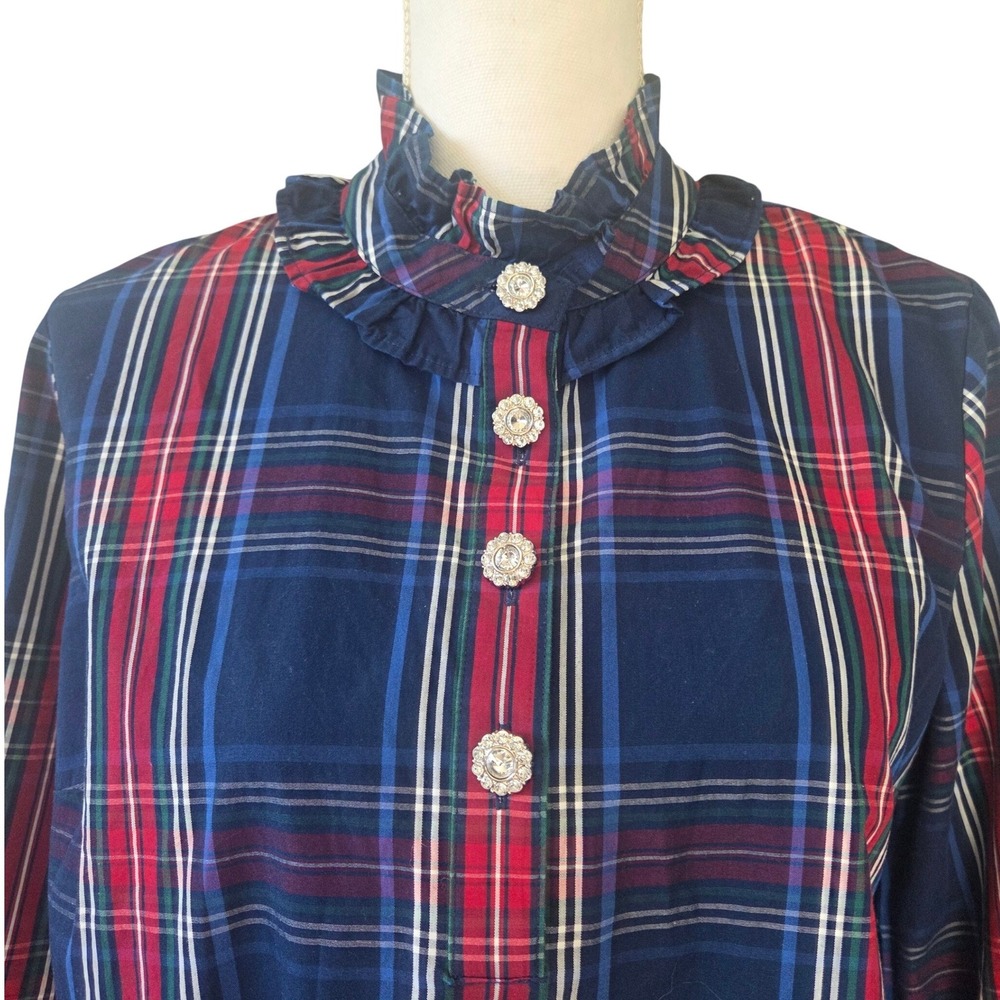 St Johns Bay Western Plaid Ruffle Neck Blouse Cowgirl Rhinestone Button Top PM